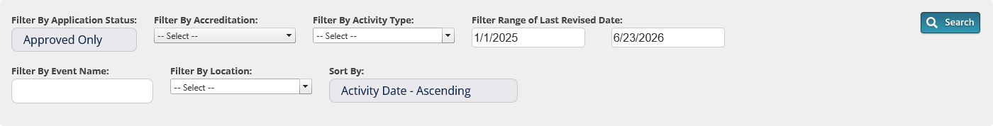 Dashboard filter box showing "Filter by application status" set to "Only Approved" and "Filter Range of Last Revised Date" set to 1/1/2025 to today.