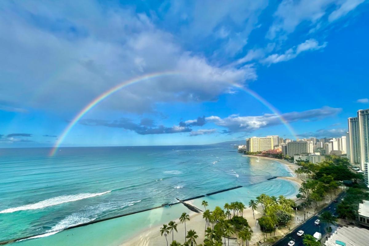 Waikikik Marriott Hotel beach and rainbow.