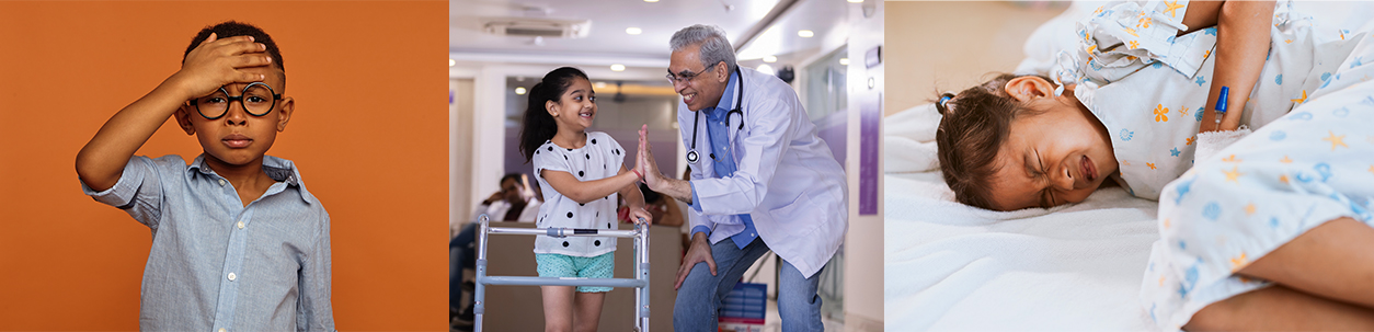 Child with hand on forehead, child high-fiving doctor, child in pain grabbing stomach